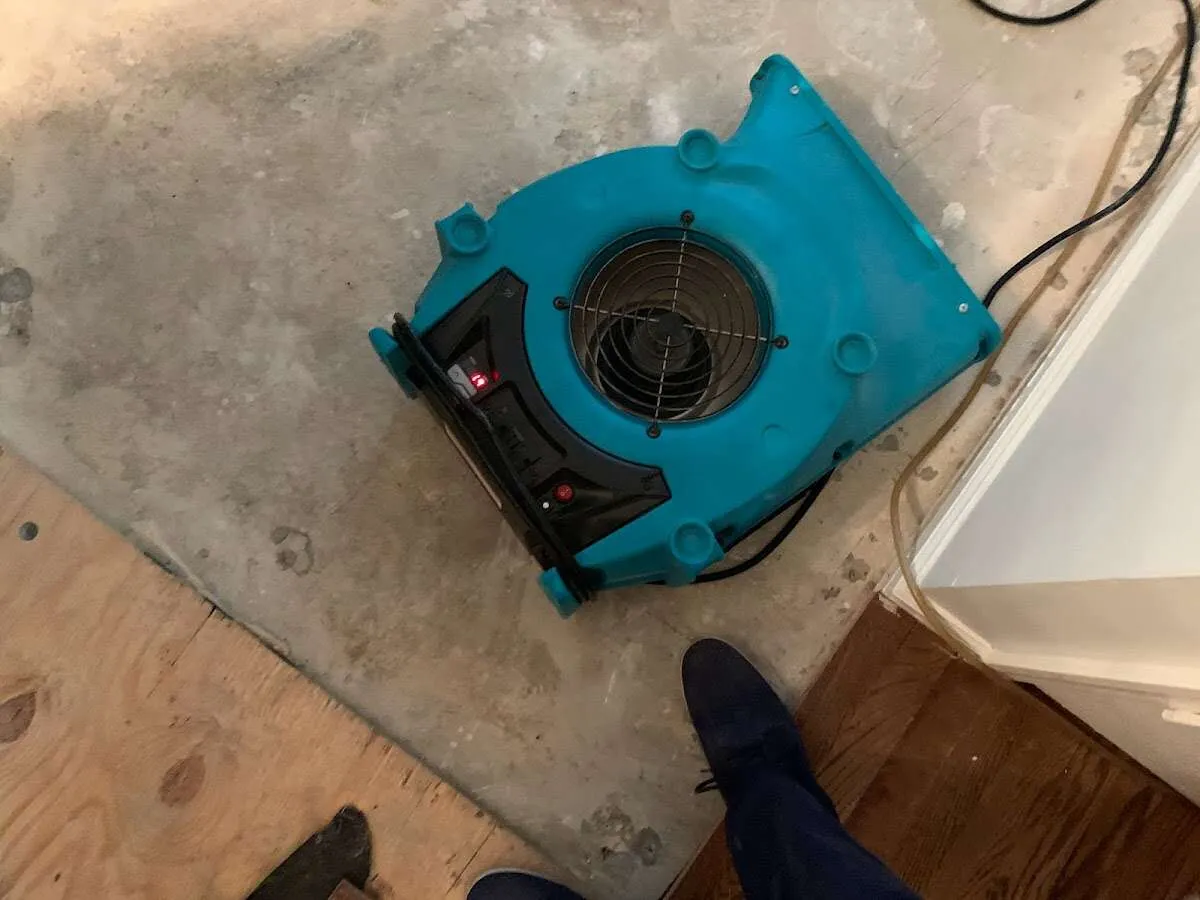 Air mover drying subfloor during Leak Detection & Repair in Port Clinton